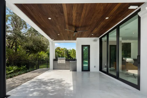 a view of a porch with garden
