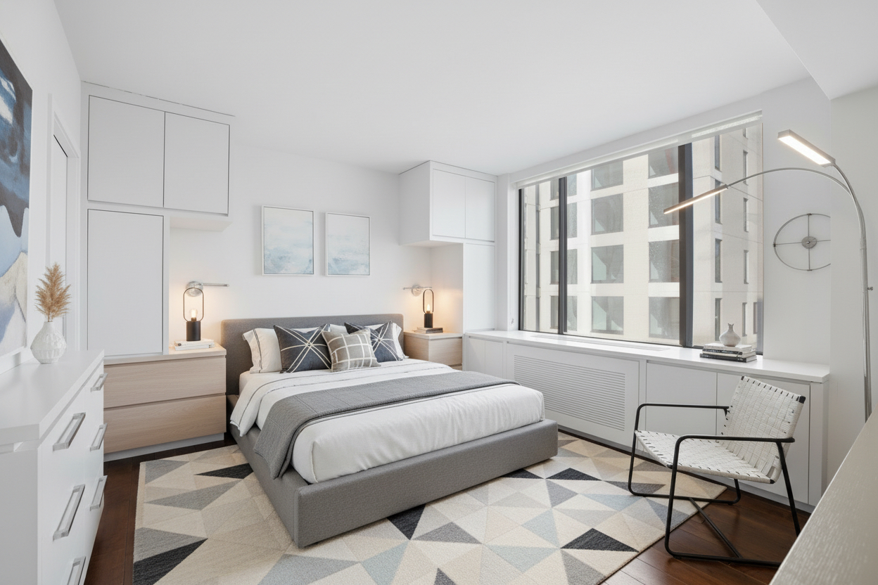 309 East 49th Street, Unit 21A Manhattan, NY 10017 - Photo 5 of 18 a bedroom with a bed and a window