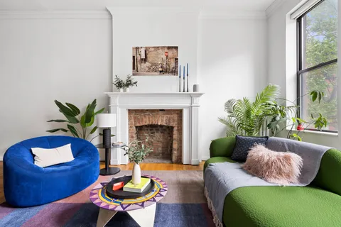 a living room with furniture potted plant and a fireplace