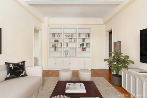 a living room with furniture and a potted plant