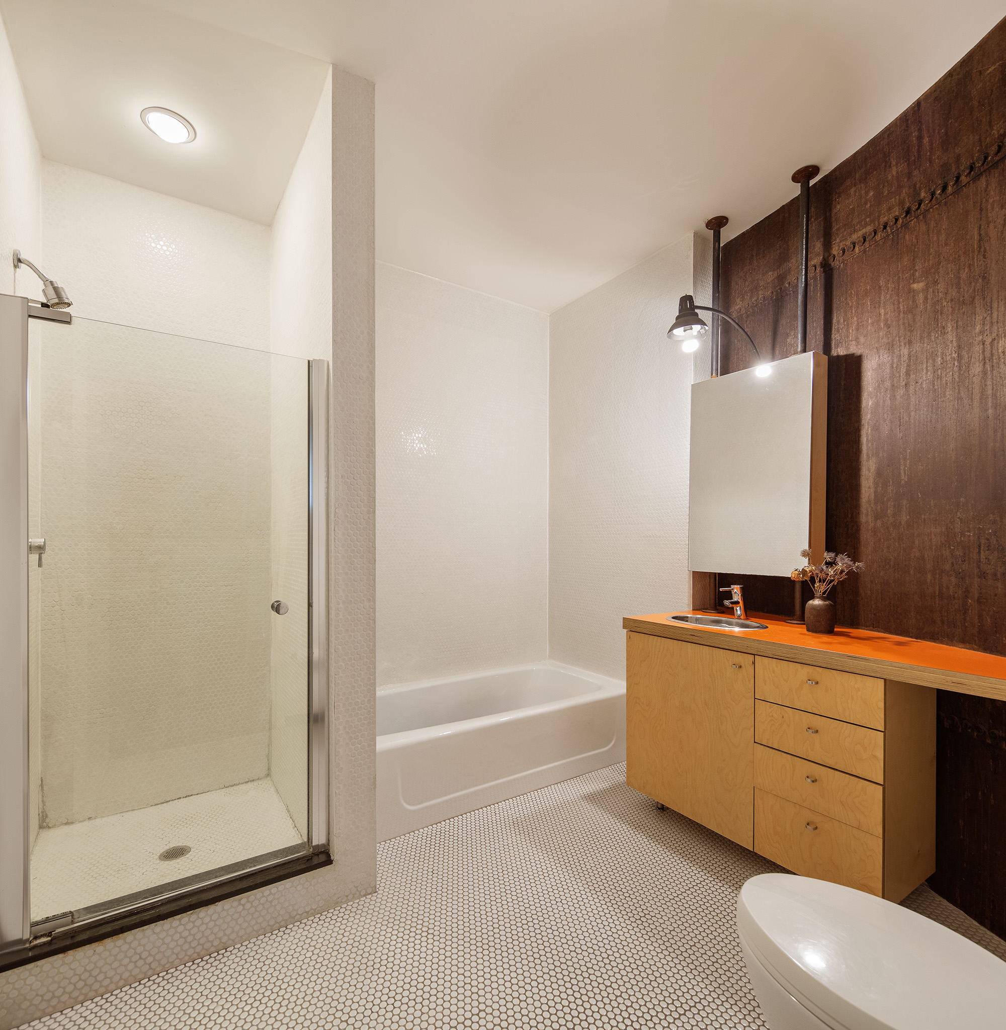 37 Bridge Street, Unit 3C Brooklyn, NY 11201 - Photo 5 of 8 a bathroom with a bathtub shower sink mirror and toilet