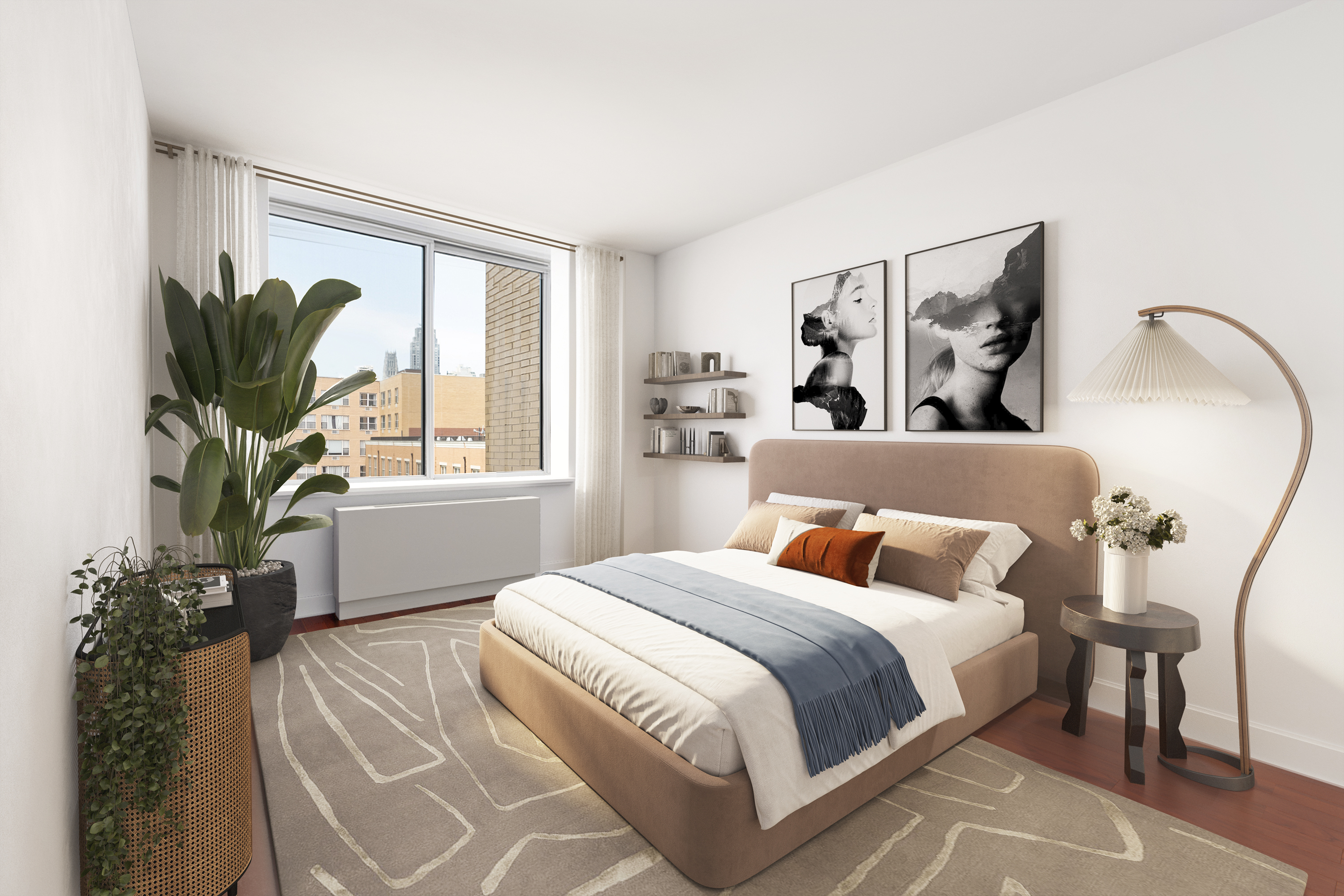 301 West 118th Street, Unit 8A Manhattan, NY 10026 - Photo 5 of 15 a bedroom with a large bed and a potted plant