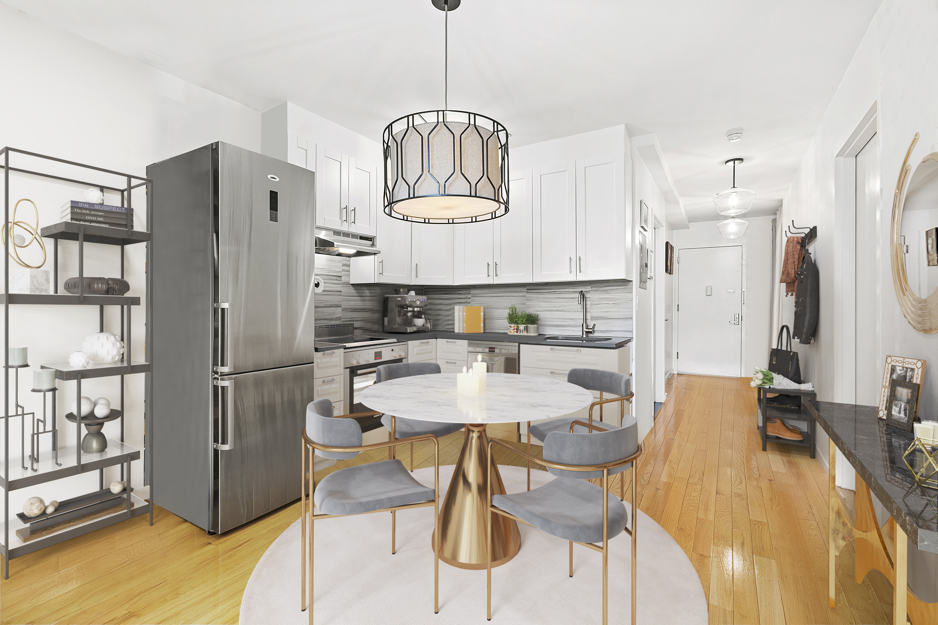 362 West 127th Street, Unit 5A Manhattan, NY 10027 - Photo 3 of 10 a kitchen with stainless steel appliances granite countertop a refrigerator a sink a stove a dining table and chairs