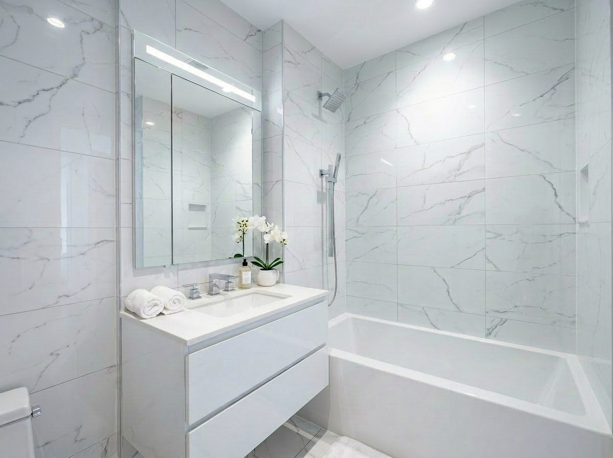 222 East 44th Street, Unit 21F New York, NY 10017 - Photo 7 of 9 a bathroom with a bathtub sink vanity and mirror
