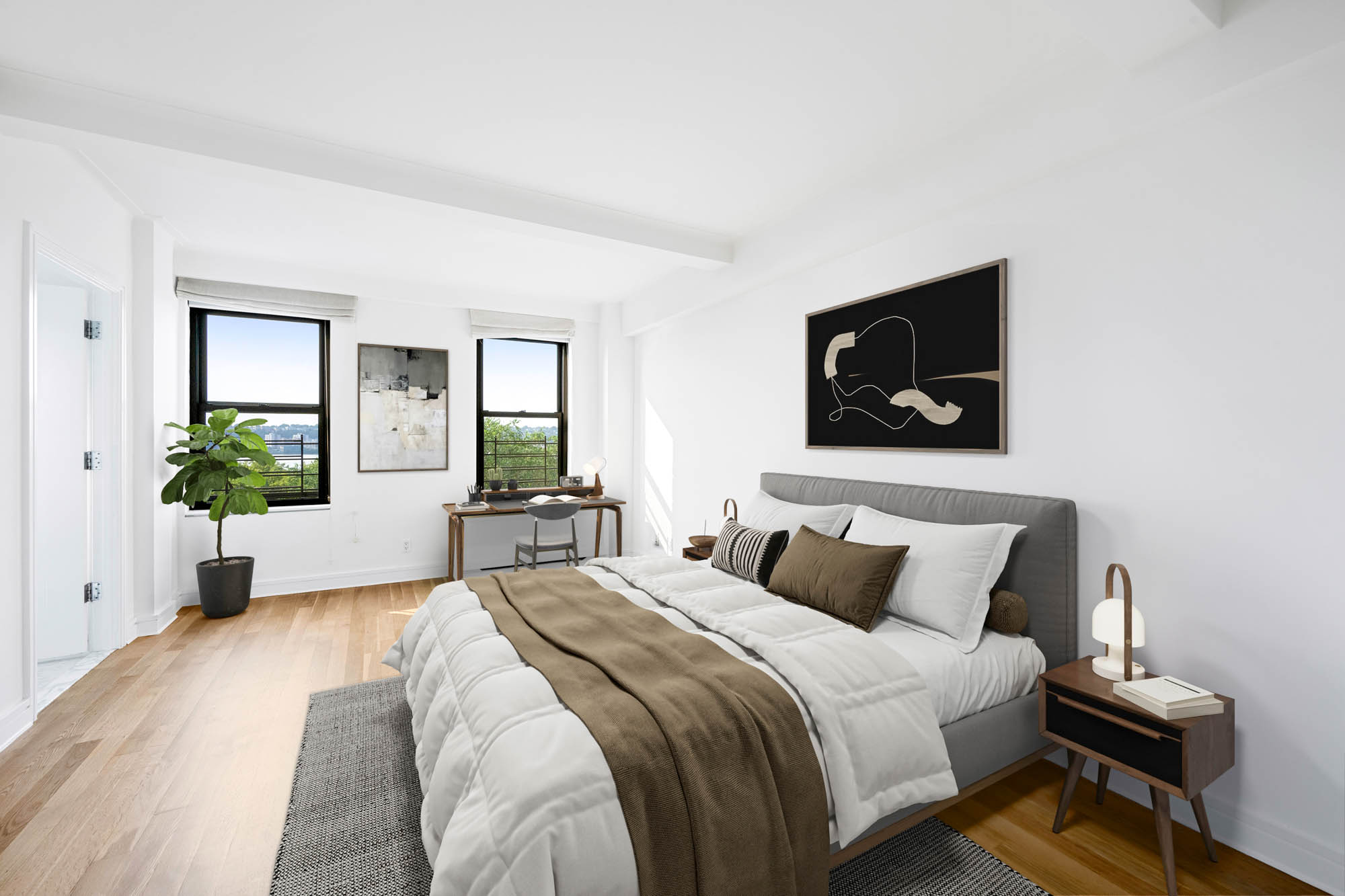 230 Riverside Drive, Unit 8D Manhattan, NY 10025 - Photo 7 of 19 a bedroom with a bed and a potted plant