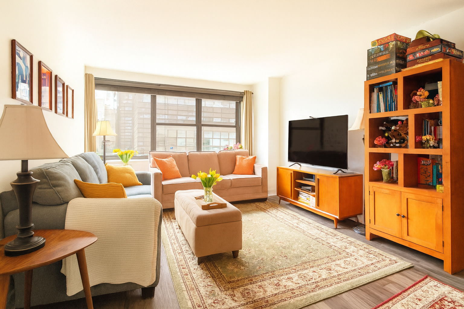 7 East 14th Street, Unit 1115 Manhattan, NY 10003 - Photo 2 of 6 a living room with furniture and a flat screen tv