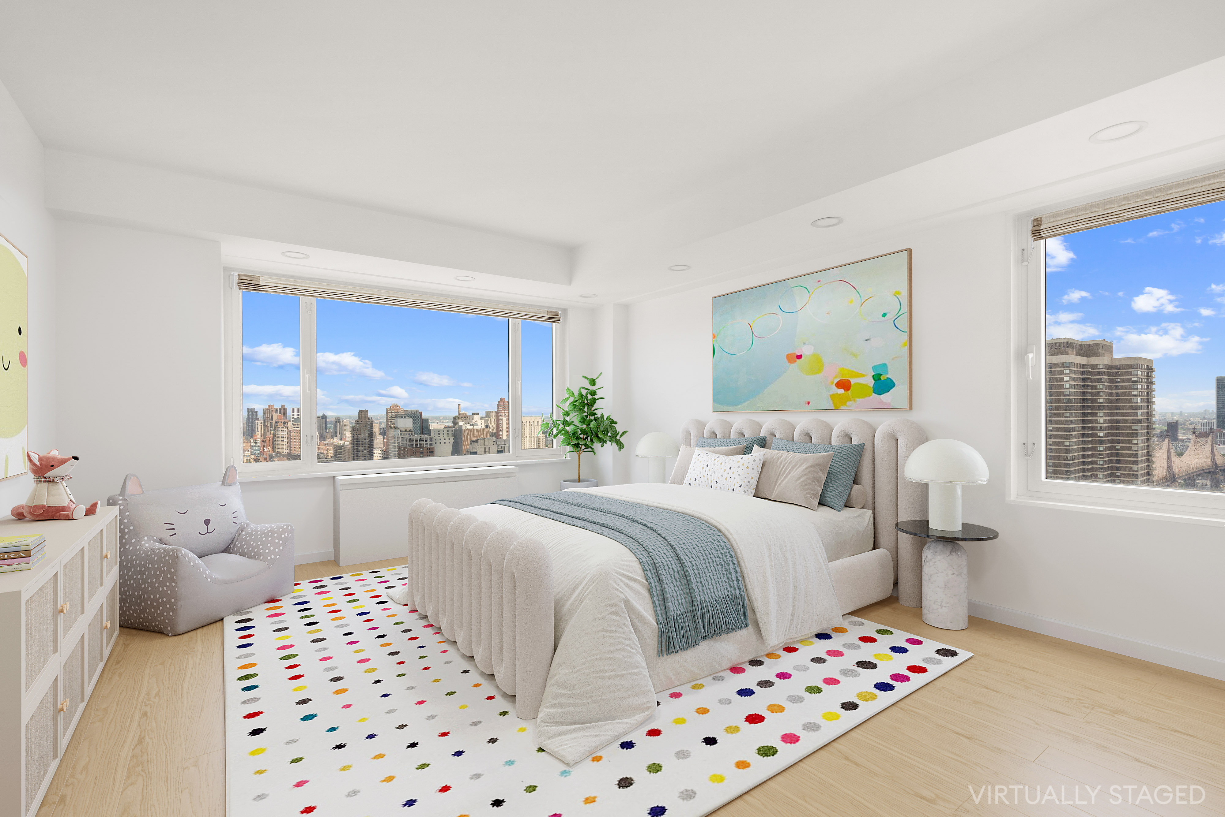 303 East 57th Street, Unit 41G Manhattan, NY 10022 - Photo 11 of 15 a bedroom with a bed and a lamp on dresser