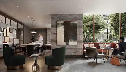 a dining room with furniture window and outside view