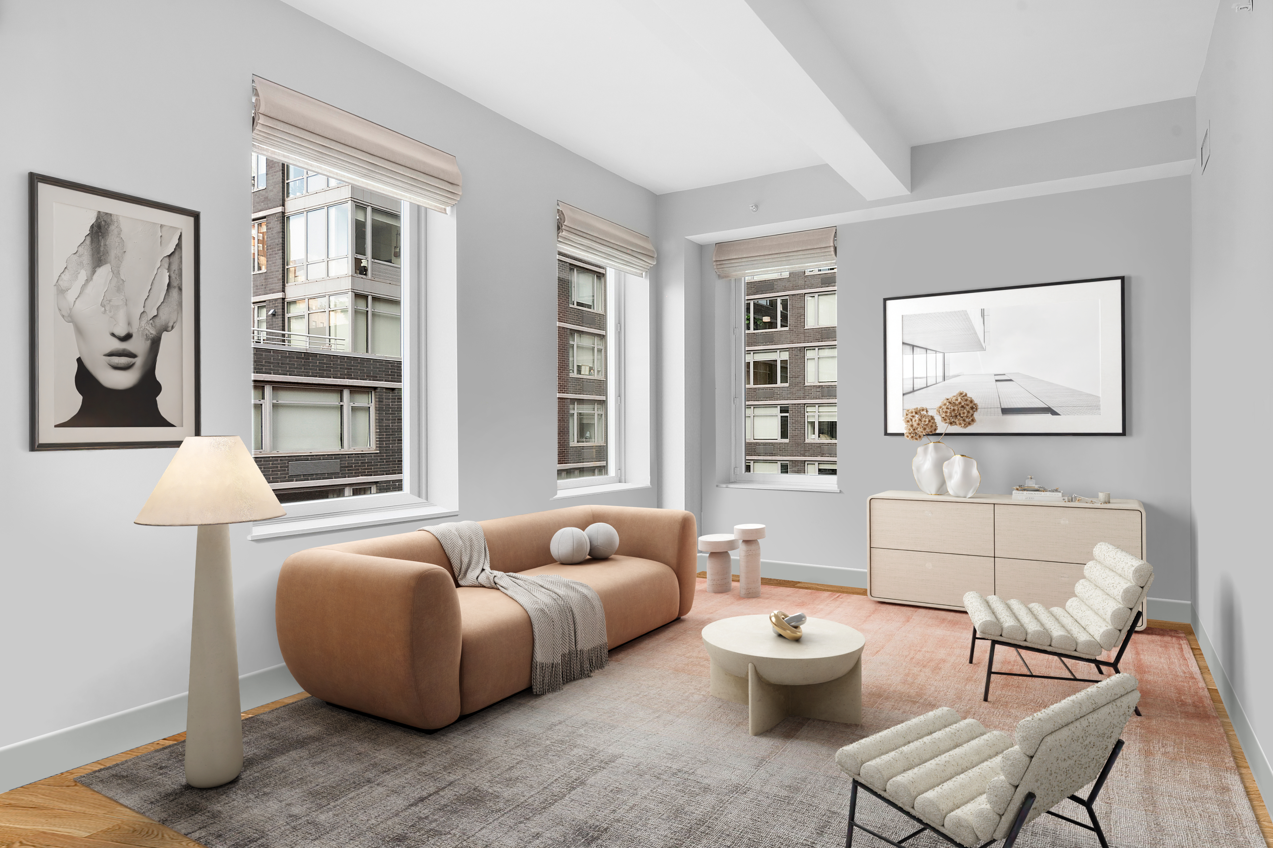 93 Worth Street, Unit 1006 Manhattan, NY 10013 - Photo 7 of 18 a living room with furniture and windows