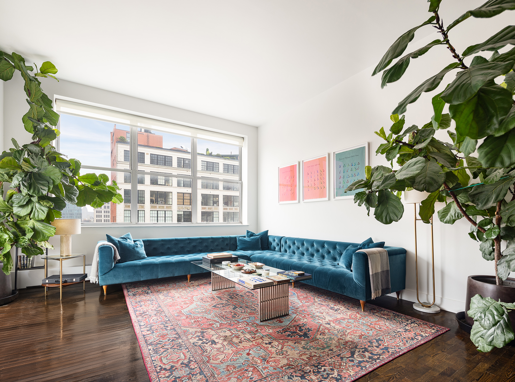 a living room with furniture and a potted plant