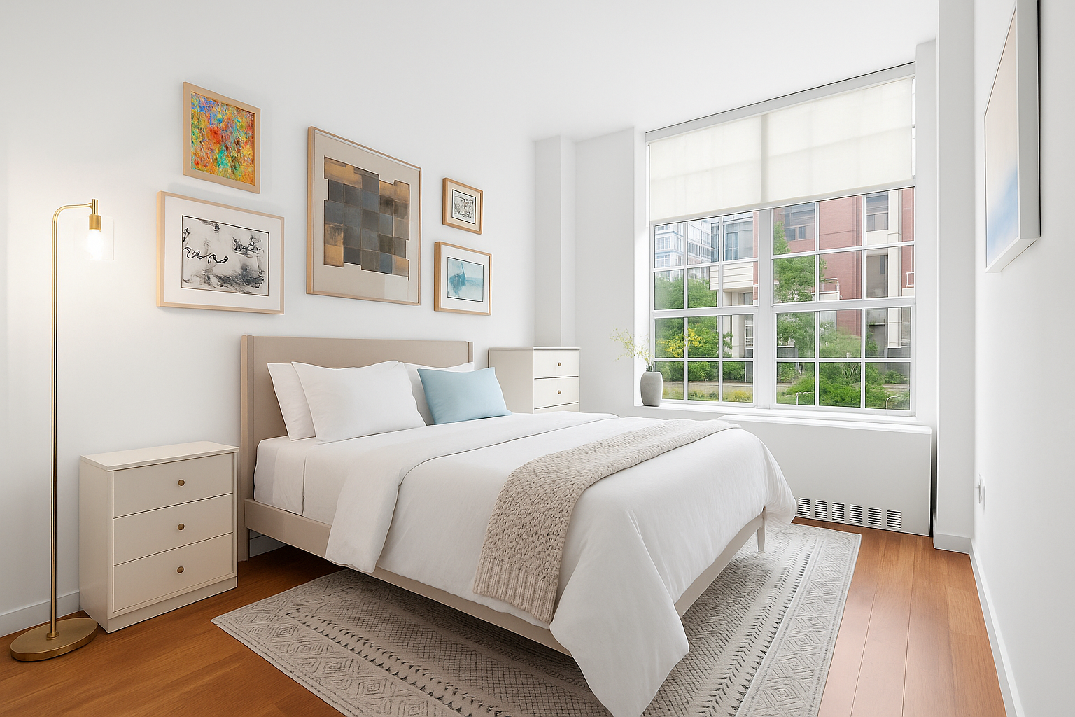 184 Kent Avenue, Unit D101 Brooklyn, NY 11249 - Photo 3 of 8 a bedroom with a bed and a large window