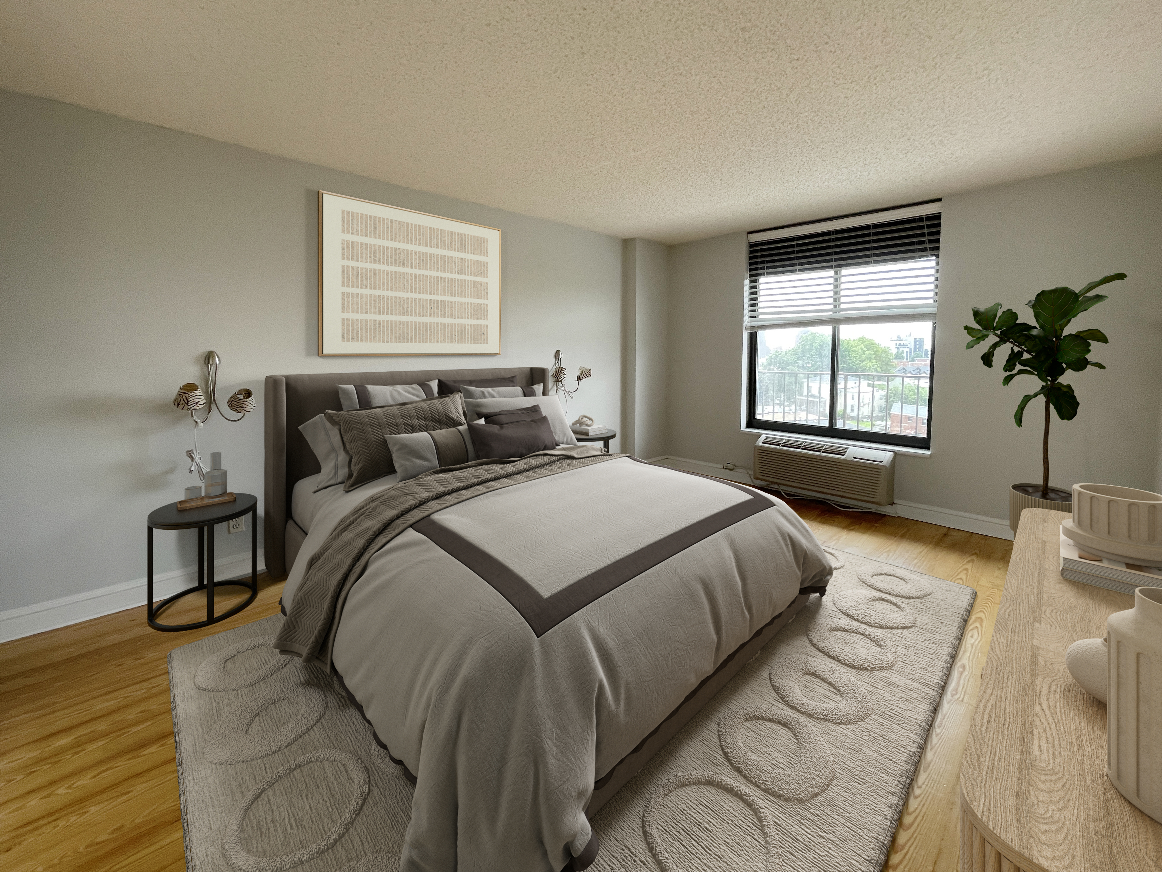 25-40 Shore Boulevard, Unit 8G Queens, NY 11102 - Photo 9 of 25 a bedroom with a large bed and a potted plant