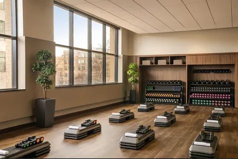 a living room with couches and a large mirror with a potted plant