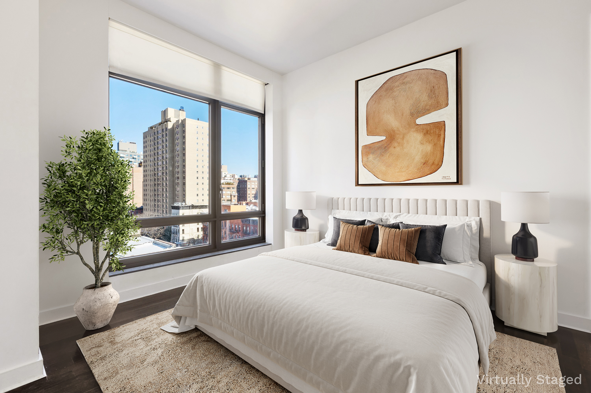 450 East 83rd Street, Unit 8B Manhattan, NY 10028 - Photo 10 of 22 a bedroom with a large bed and a large window with outer view