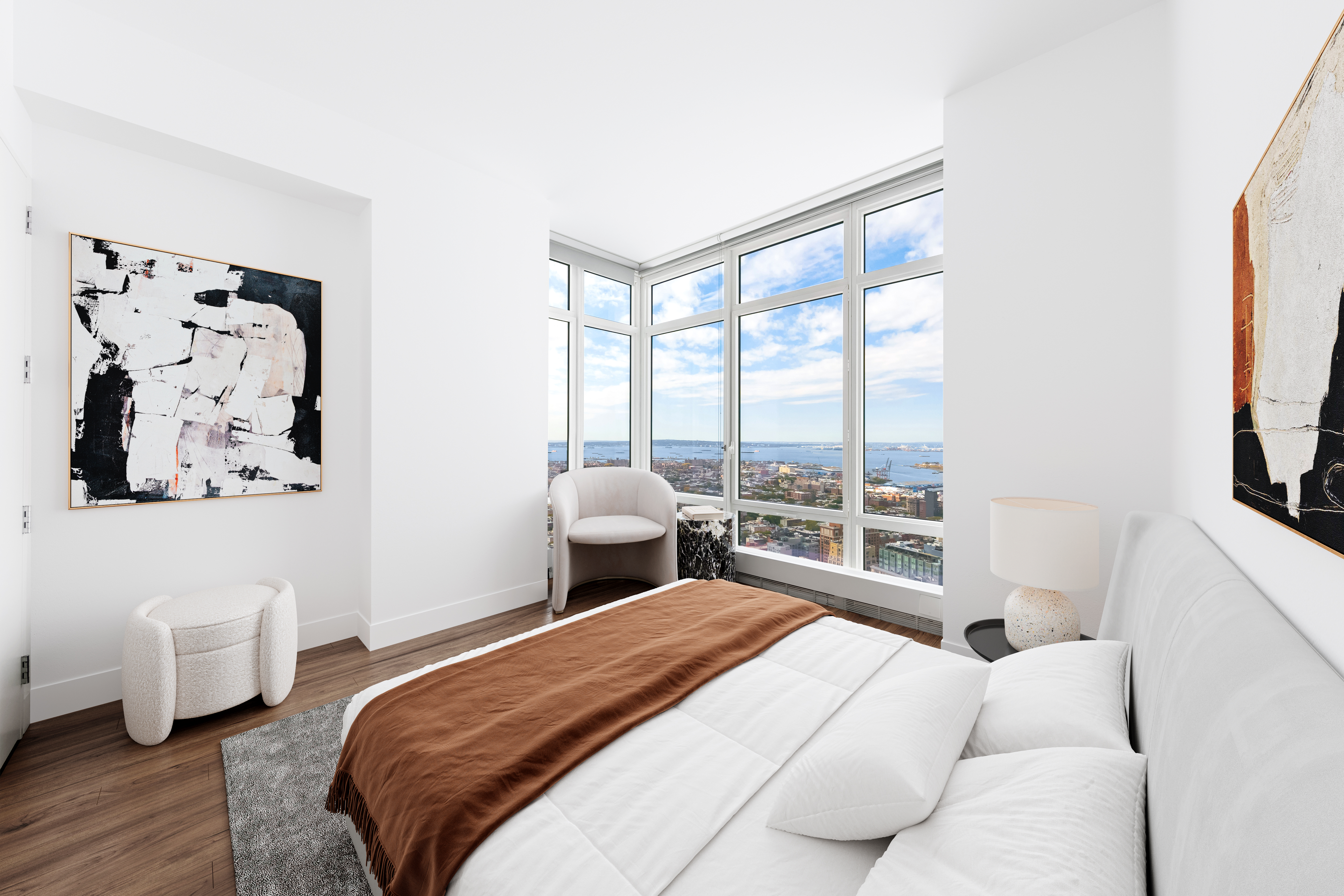 388 Bridge Street, Unit PH47A Brooklyn, NY 11201 - Photo 5 of 12 a bedroom with a large bed and a large window with outer view