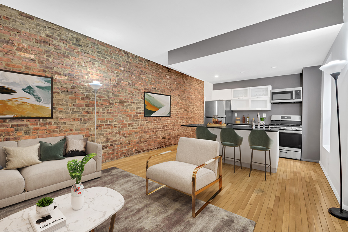 277 Nostrand Avenue, Unit 3A Brooklyn, NY 11216 - Photo 1 of 10 a living room with furniture and kitchen view