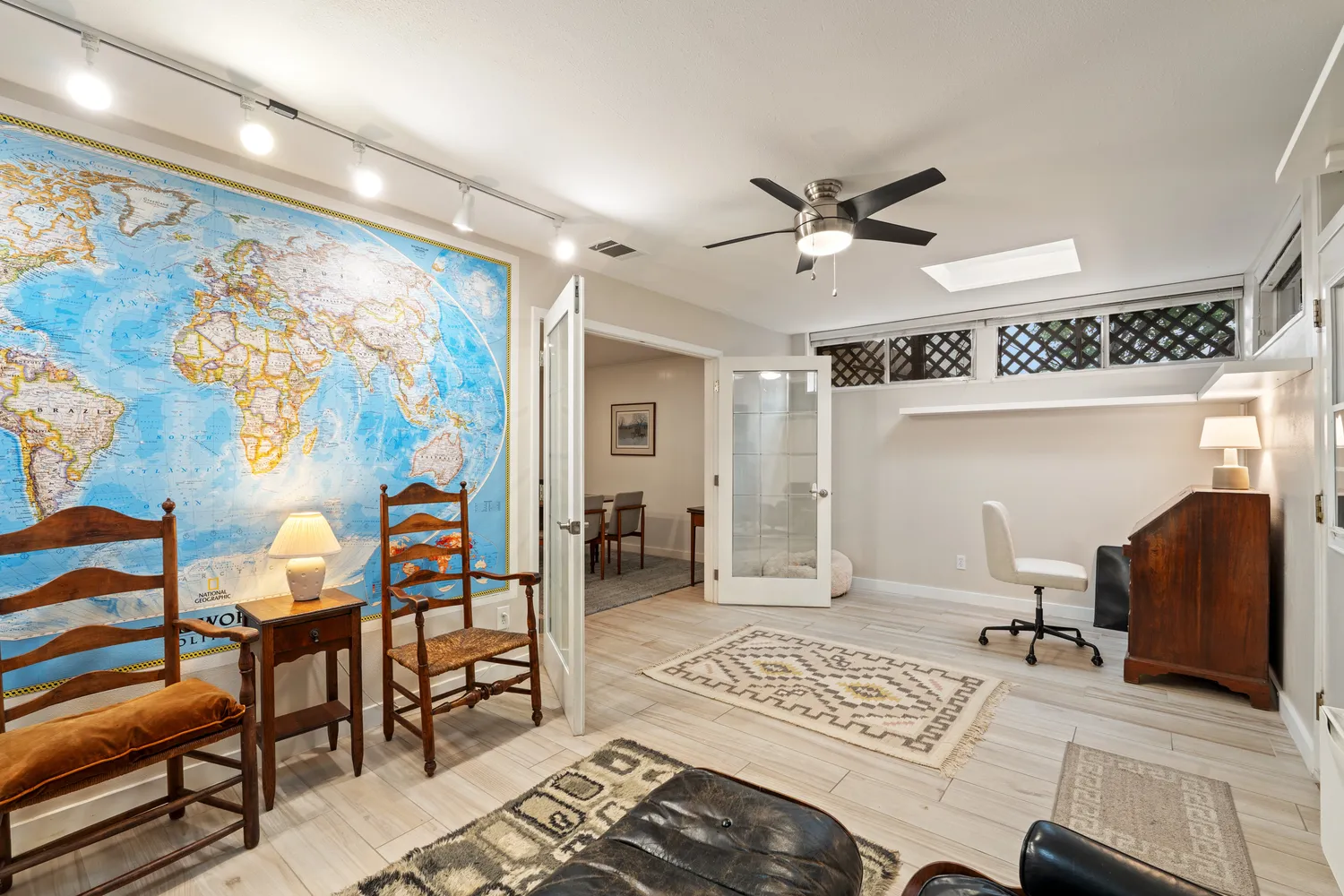 a workspace with furniture and window