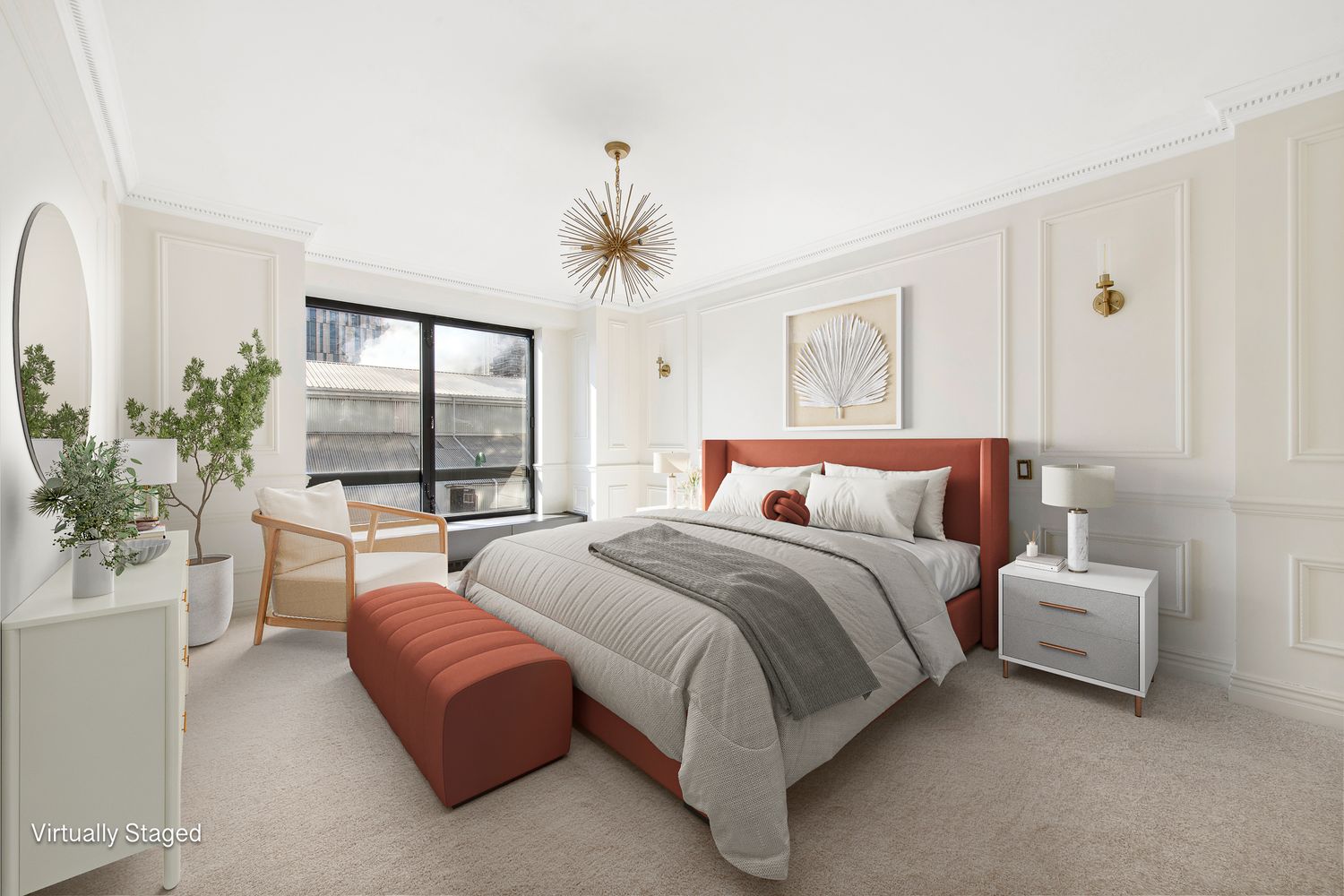 530 East 76th Street, Unit 10H Manhattan, NY 10021 - Photo 8 of 26 a spacious bedroom with a bed and a chandelier