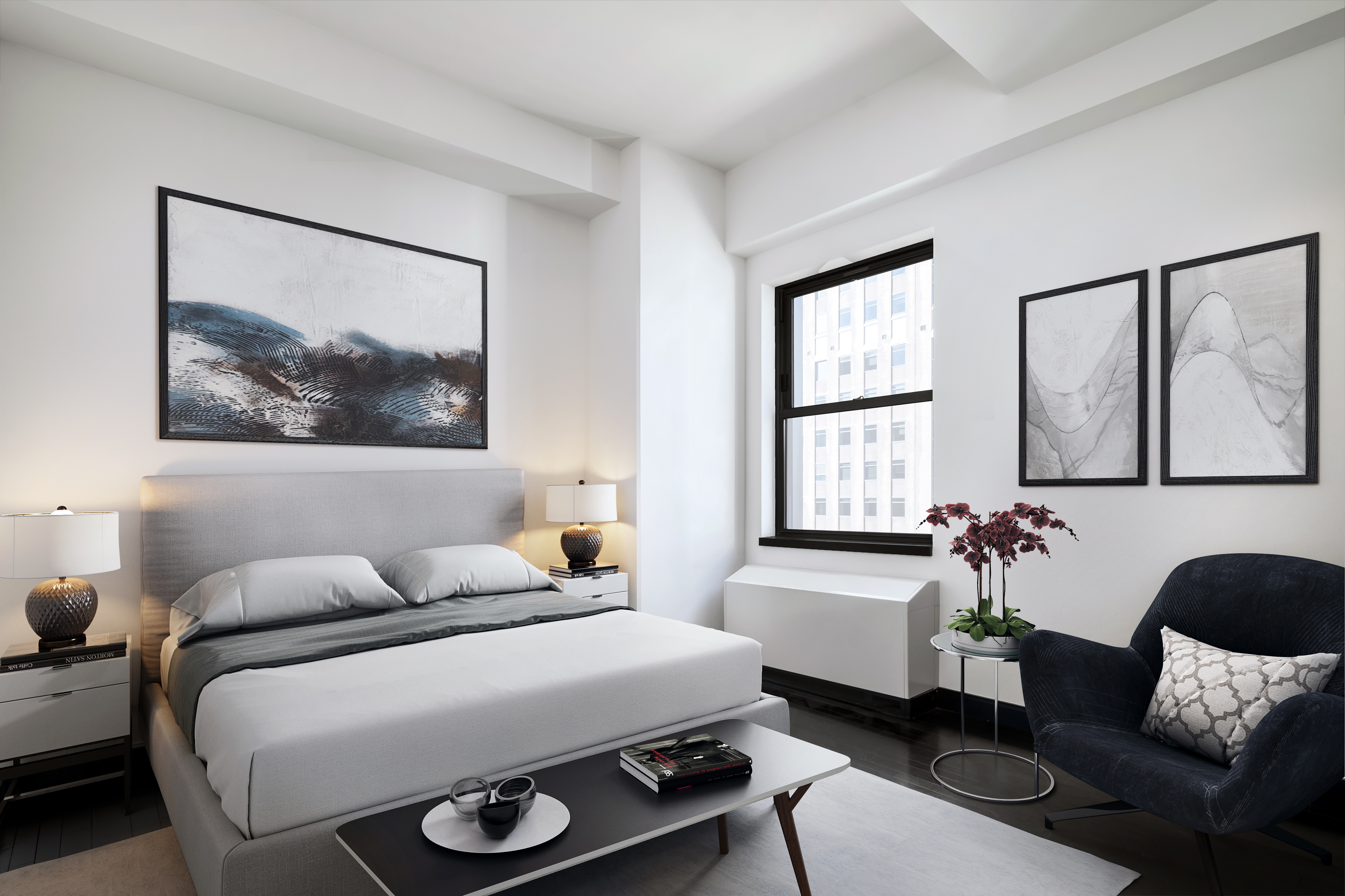 20 Pine Street, Unit 3204 Manhattan, NY 10005 - Photo 4 of 9 a bedroom with a bed and a couch