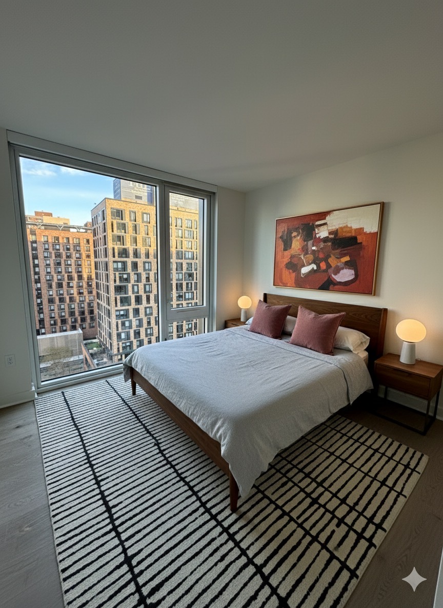 55 Suffolk Street, Unit 1112 Manhattan, NY 10002 - Photo 5 of 11 a bedroom with a large bed and a large window