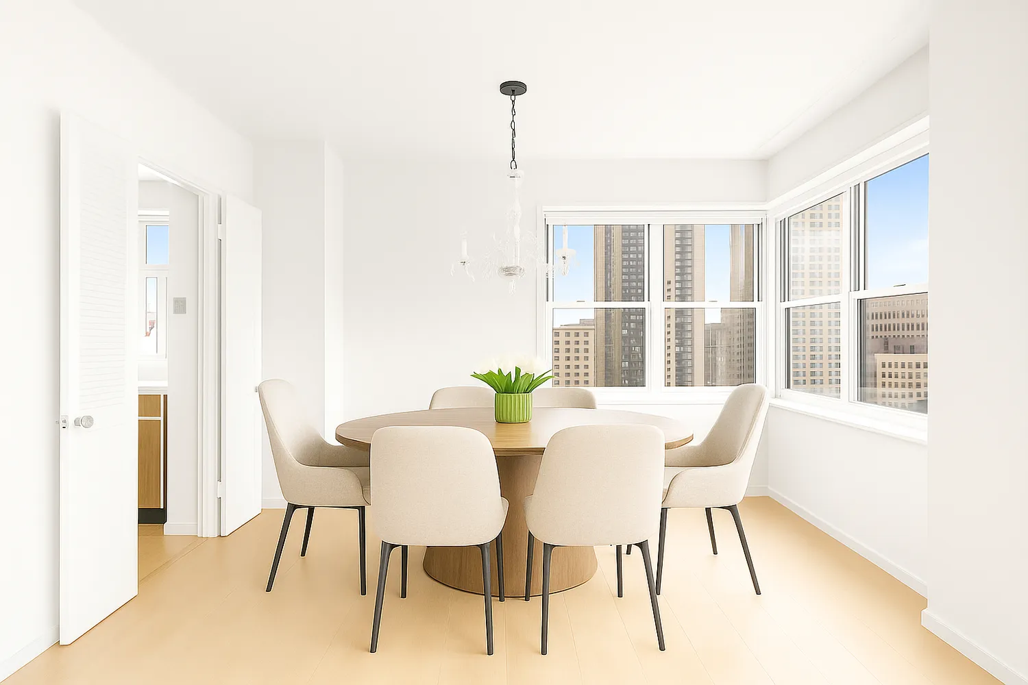 a view of a dining room with furniture window and outside view