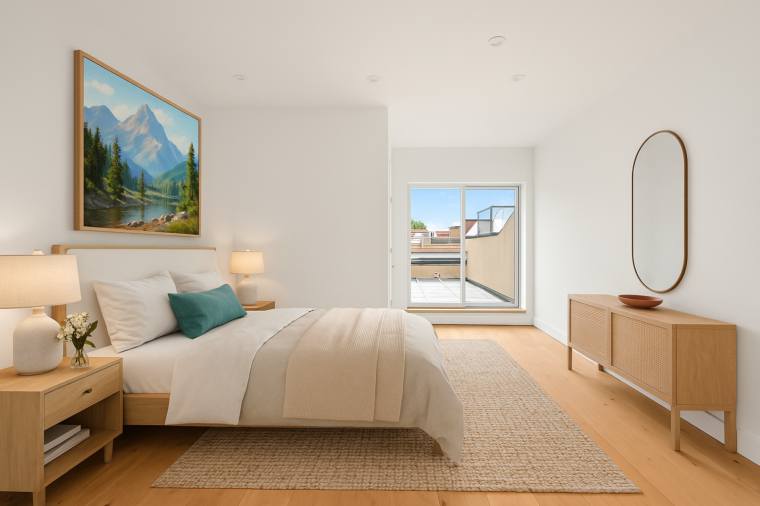 74 Carroll Street, Unit PH Brooklyn, NY 11231 - Photo 7 of 19 a bedroom with a large bed and a painting on the wall