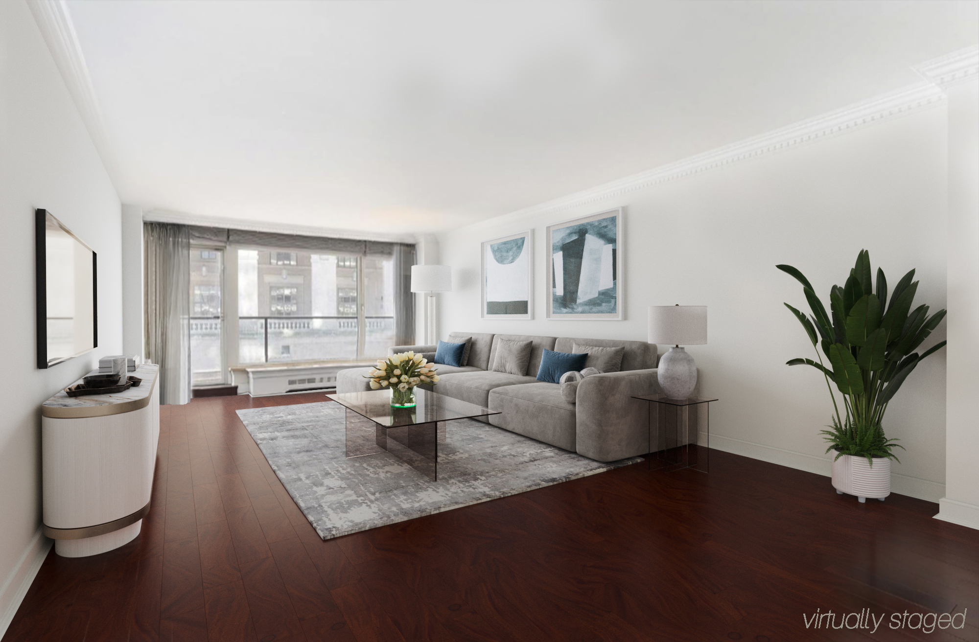 200 Central Park South, Unit 14A Manhattan, NY 10019 - Photo 2 of 7 a living room with furniture potted plant and a window
