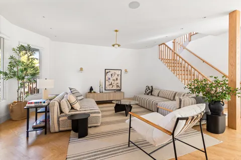 a living room with furniture and a potted plant