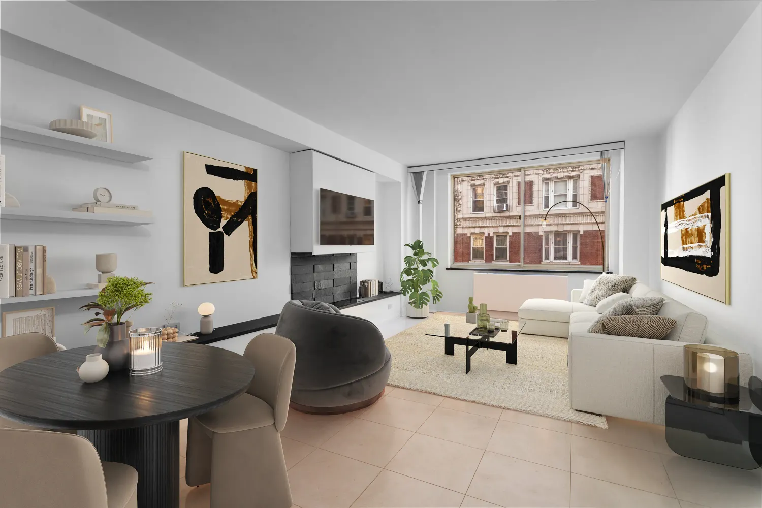 a living room with furniture kitchen view and a window