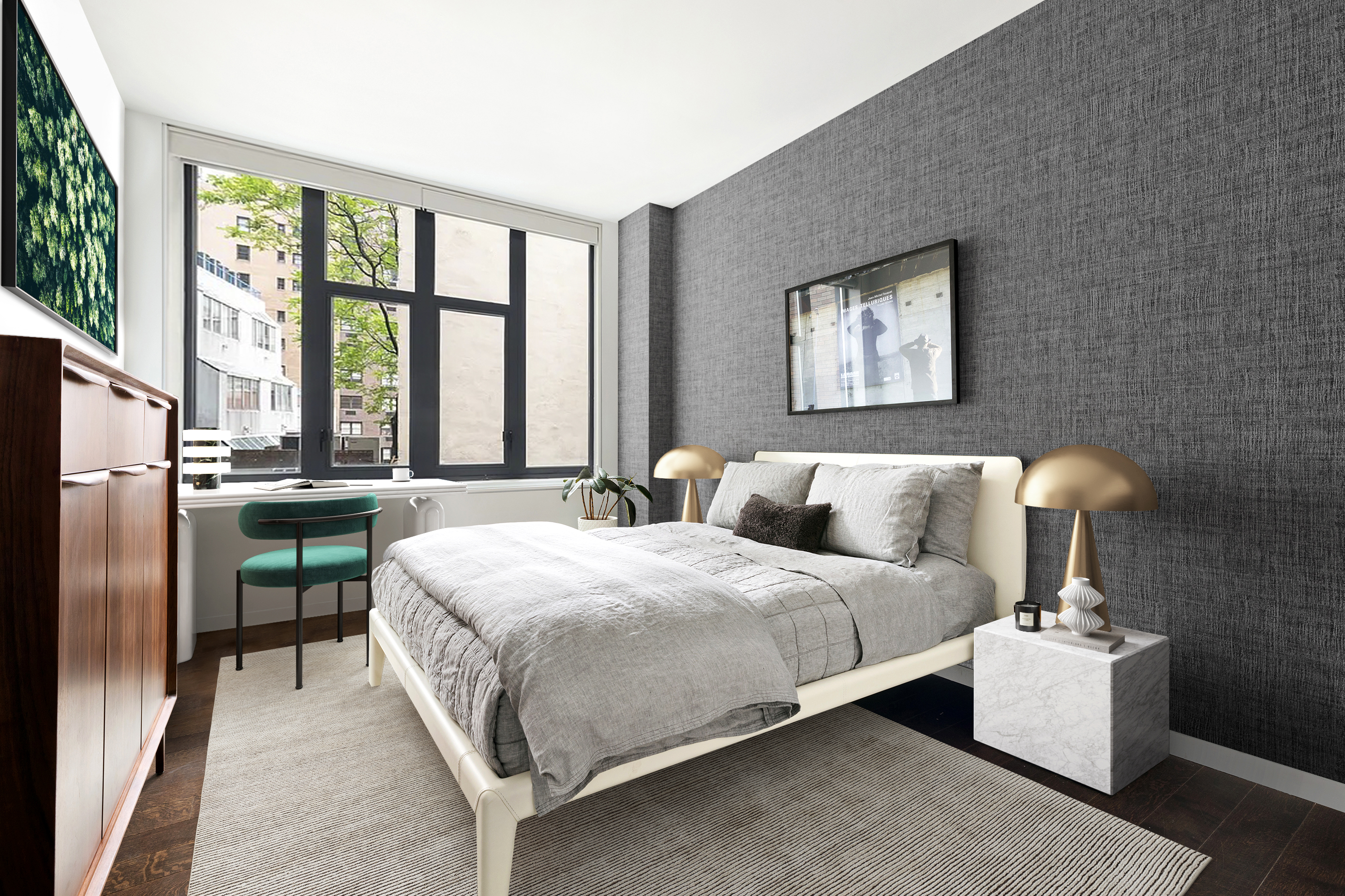 591 3rd Avenue, Unit 3C Manhattan, NY 10016 - Photo 3 of 9 a bedroom with a bed table and a large window