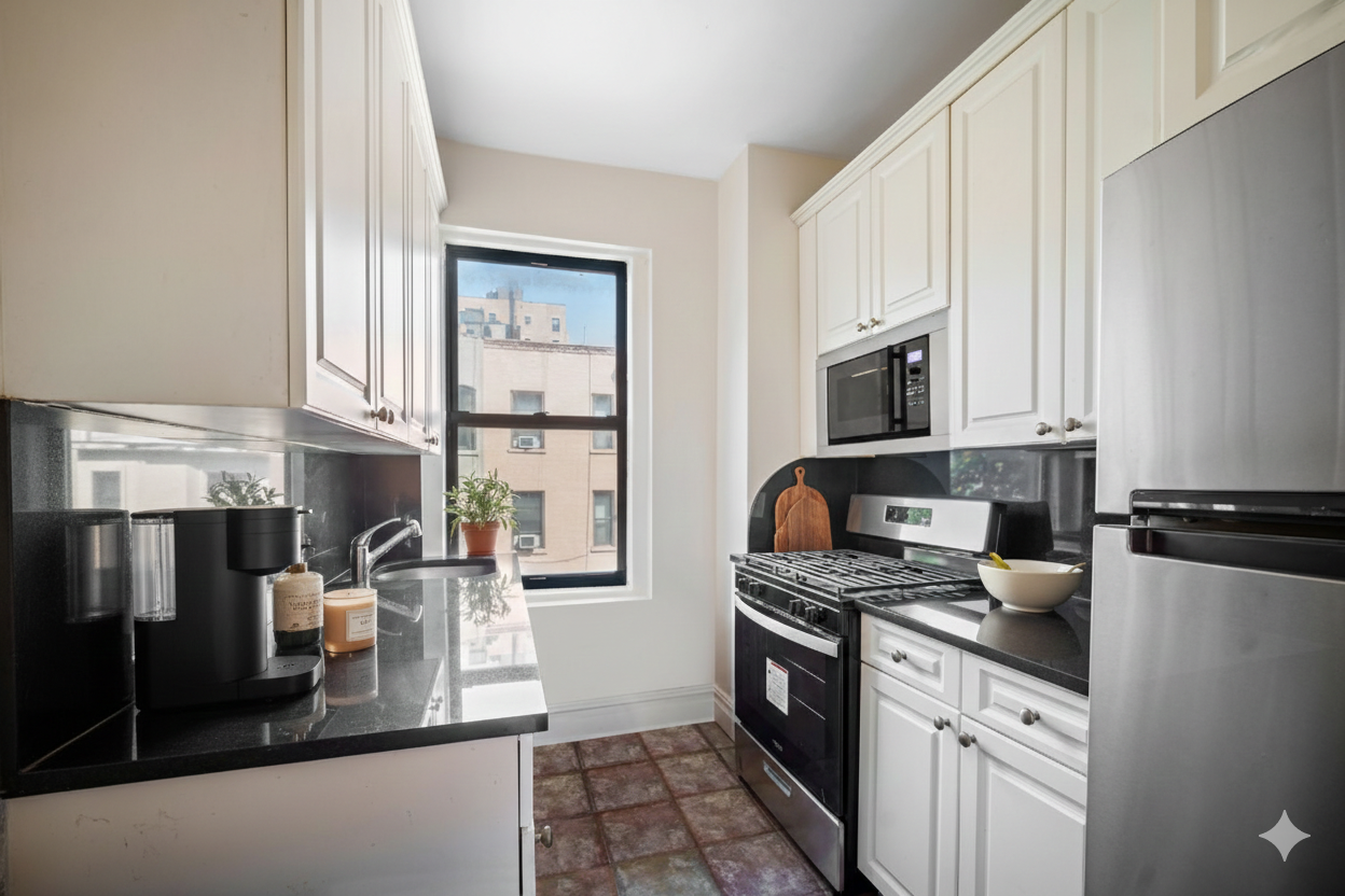 690 Riverside Drive, Unit 3F Manhattan, NY 10031 - Photo 7 of 19 a kitchen with stainless steel appliances a sink a stove and a refrigerator