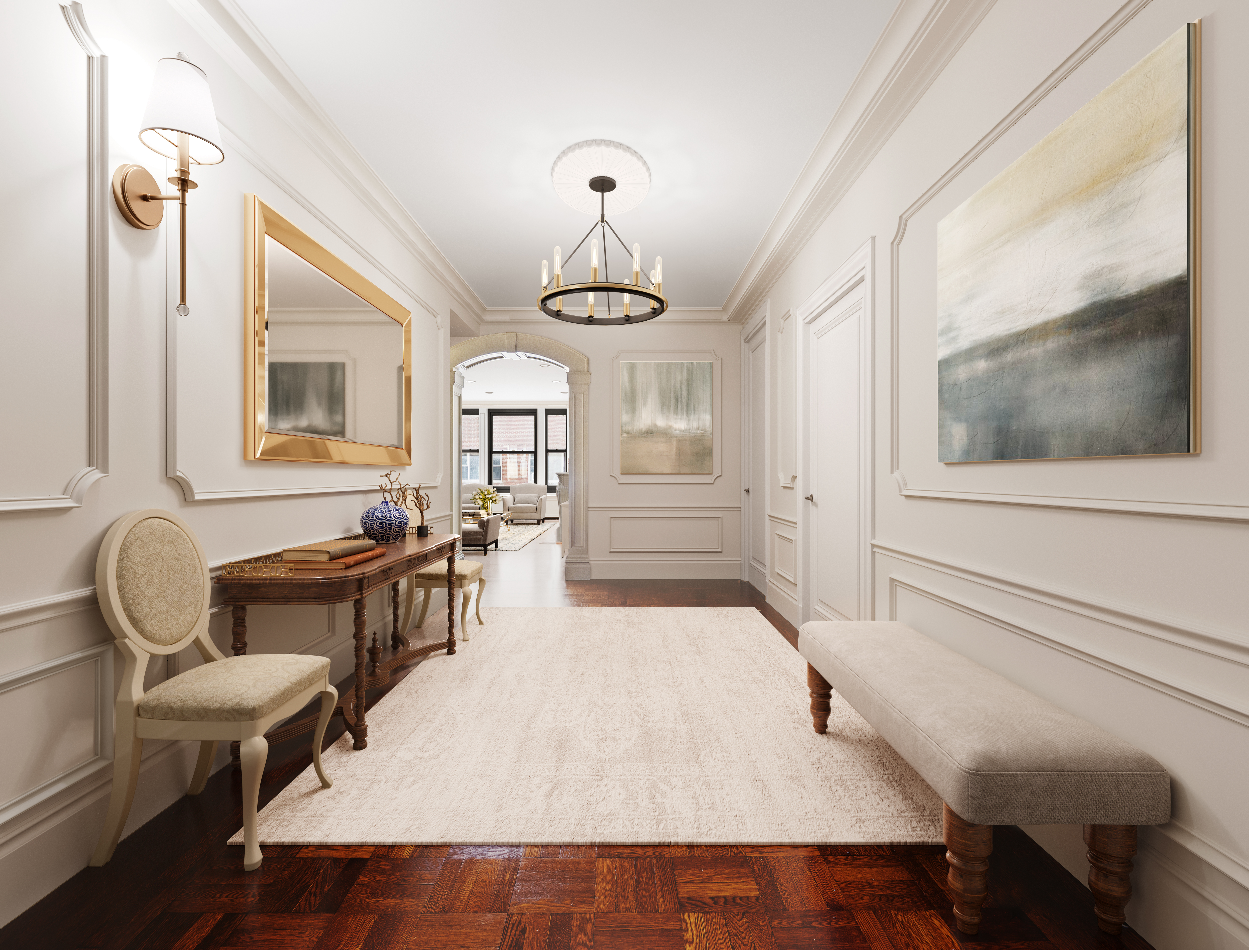 1160 Park Avenue, Unit 8C Manhattan, NY 10128 - Photo 2 of 18 a living room with furniture a chandelier and a flat screen tv