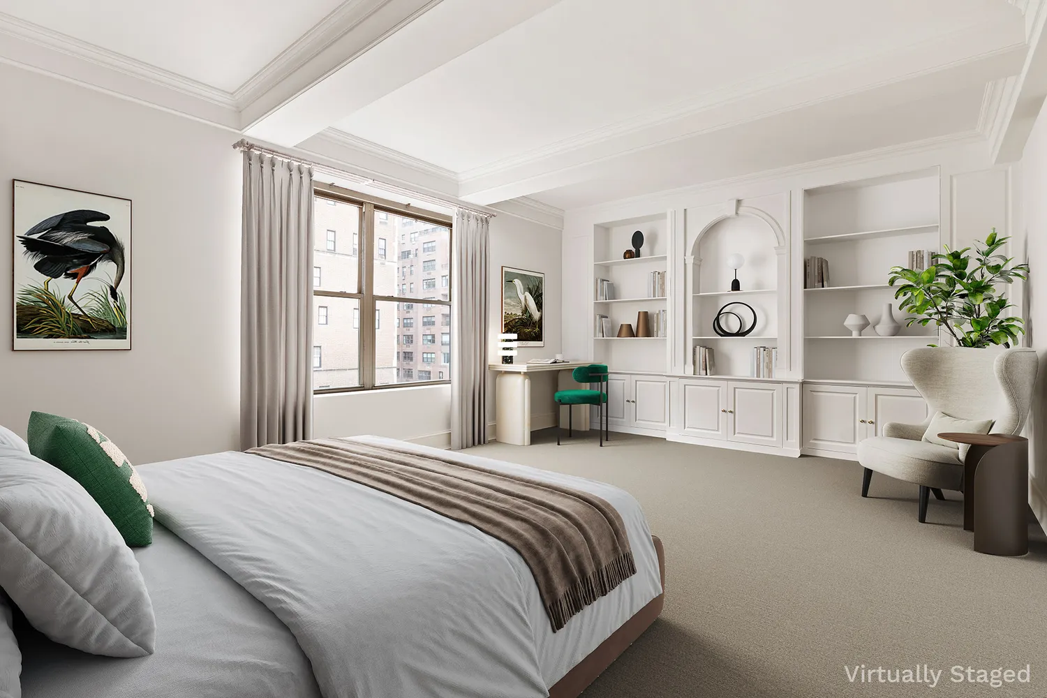 a spacious bedroom with a bed couch and a window