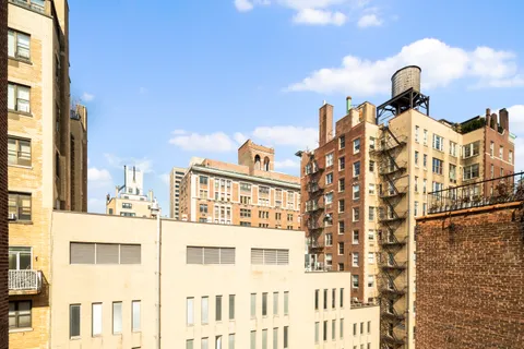a view of a blue building