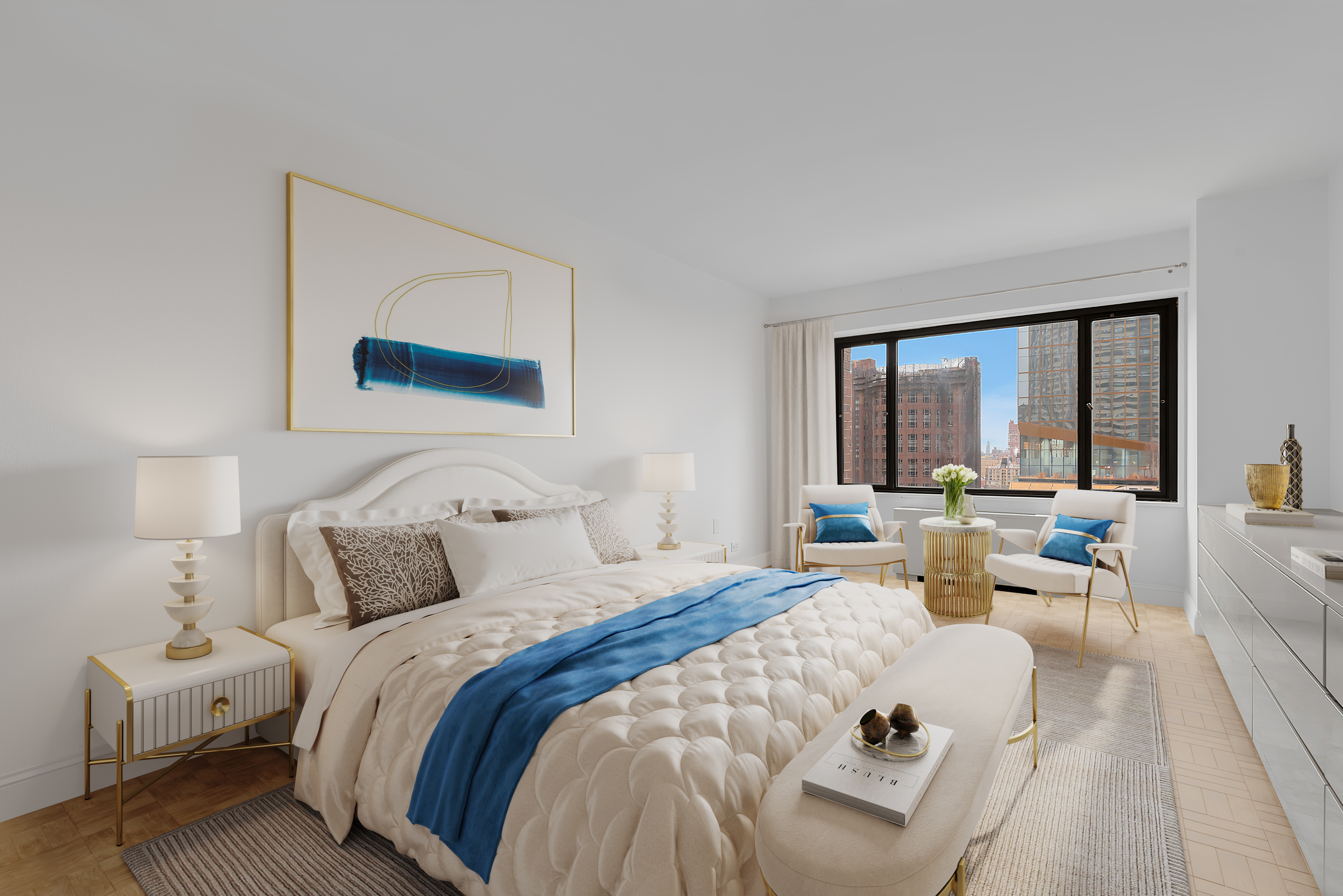 20 West 64th Street, Unit 20K Manhattan, NY 10023 - Photo 7 of 17 a bedroom with a large bed and a large window