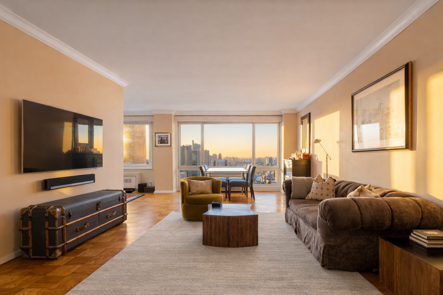 50 East 89th Street, Unit 31C Manhattan, NY 10128 - Photo 2 of 18 a living room with furniture and a flat screen tv