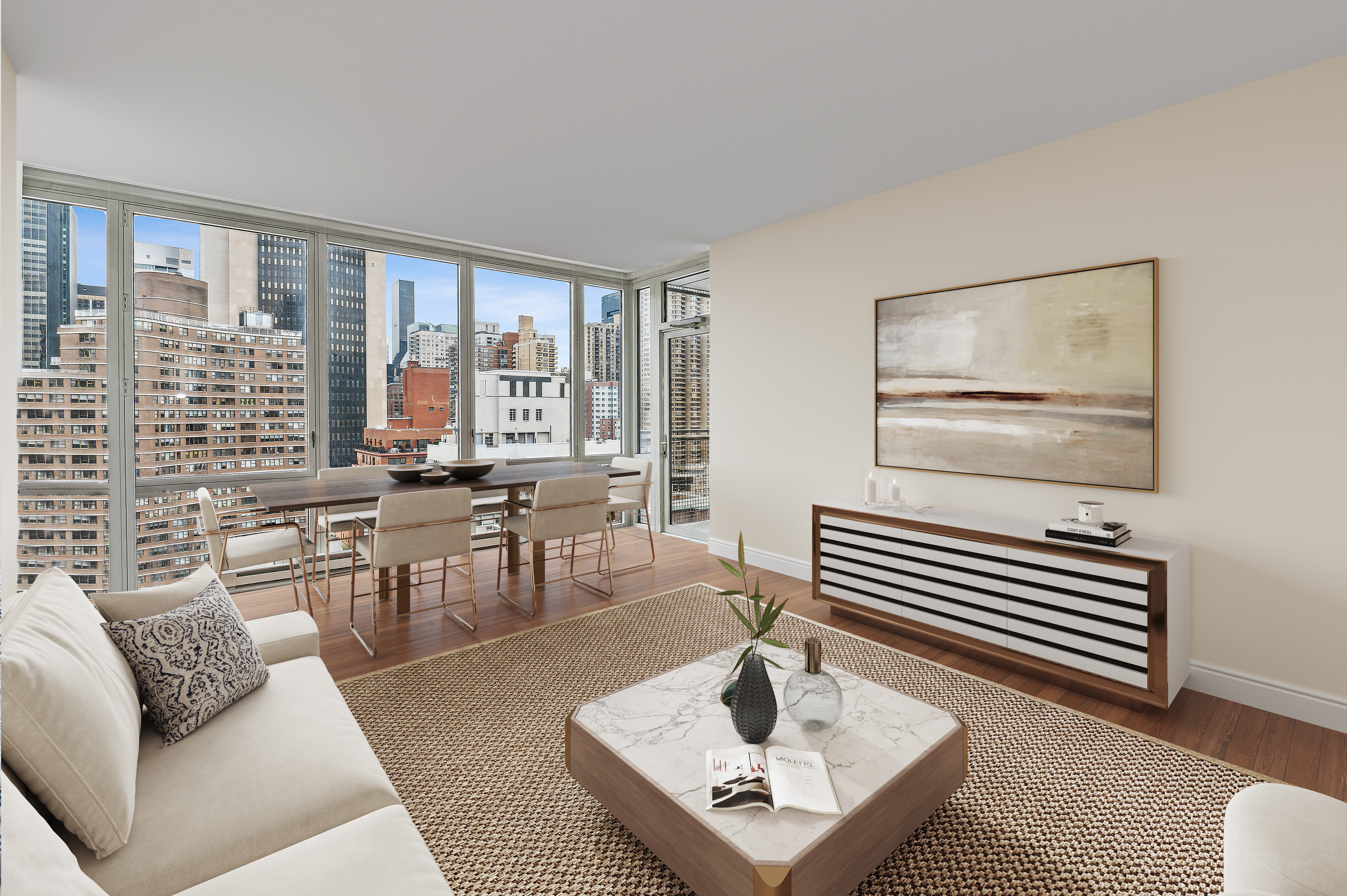 225 East 34th Street, Unit 14J Manhattan, NY 10016 - Photo 4 of 19 a living room with furniture and wooden floor