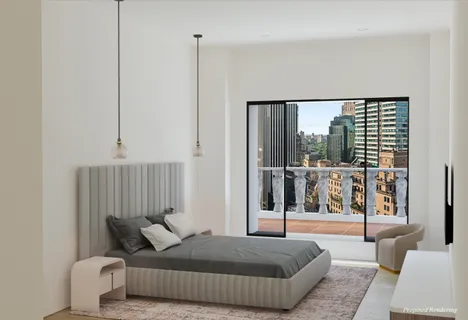 a living room with furniture and a floor to ceiling window