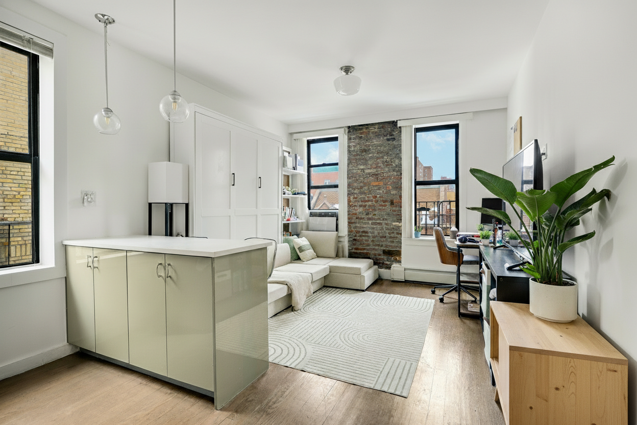 a living room with furniture a potted plant and a sink