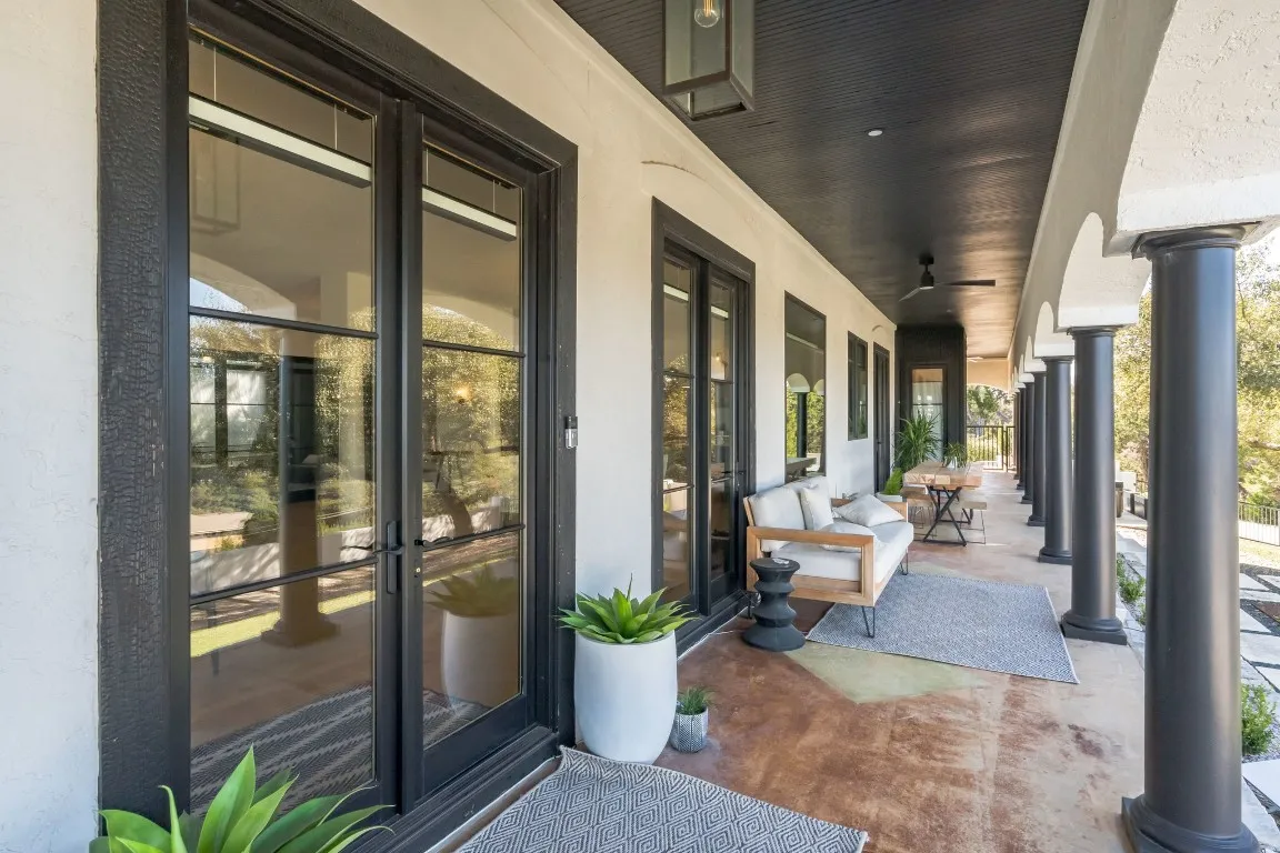 a lobby with furniture and garden