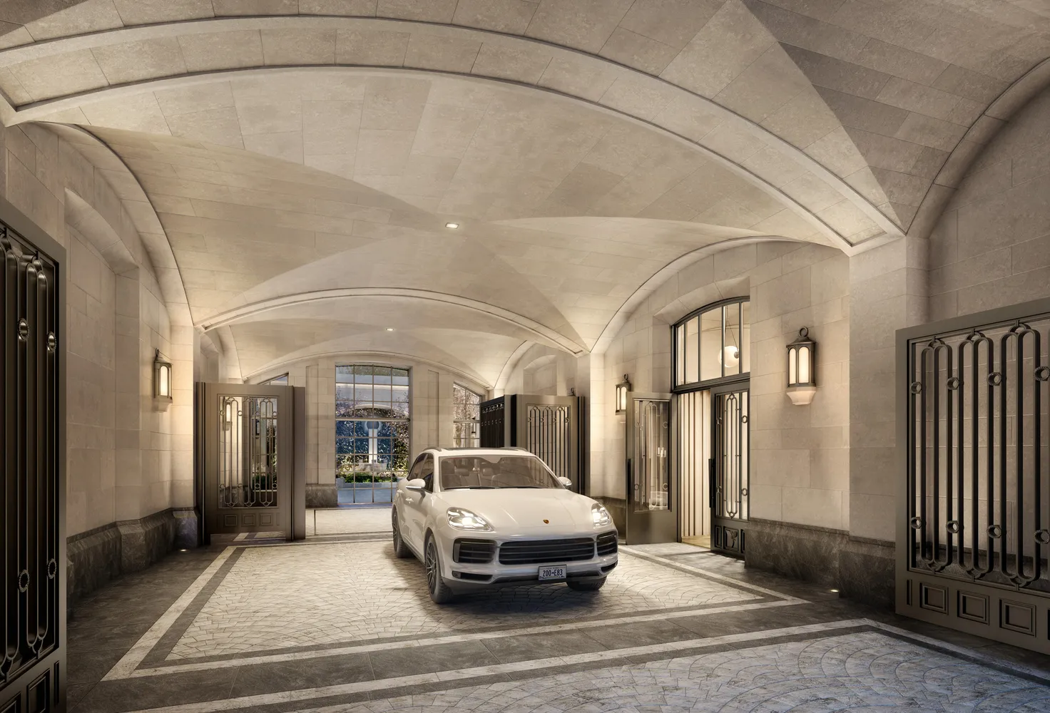 a spacious bedroom with a bed and a chandelier