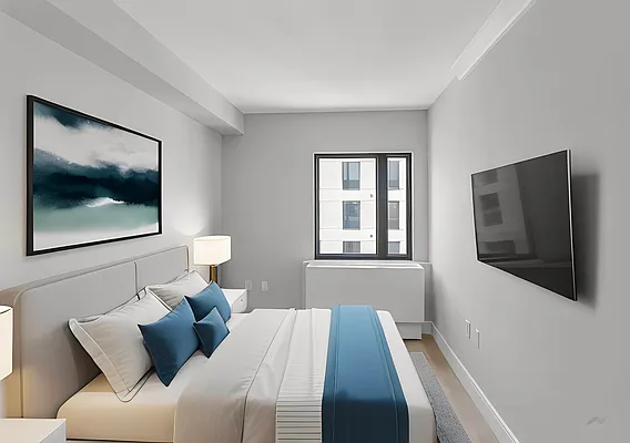 605 Hart Street, Unit 406 Brooklyn, NY 11221 - Photo 2 of 10 a bedroom with a bed and a flat screen tv