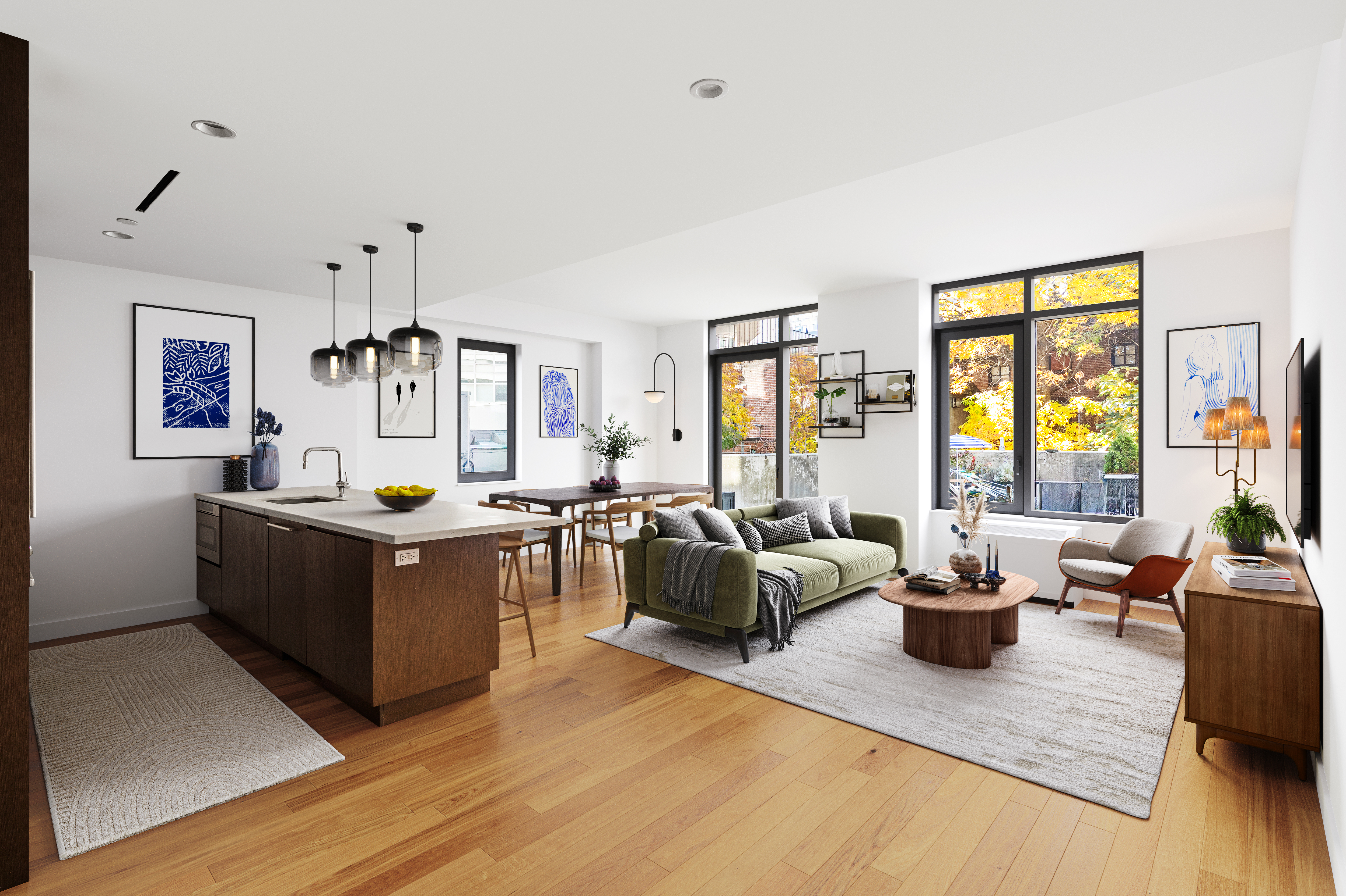 a living room with furniture large window and wooden floor