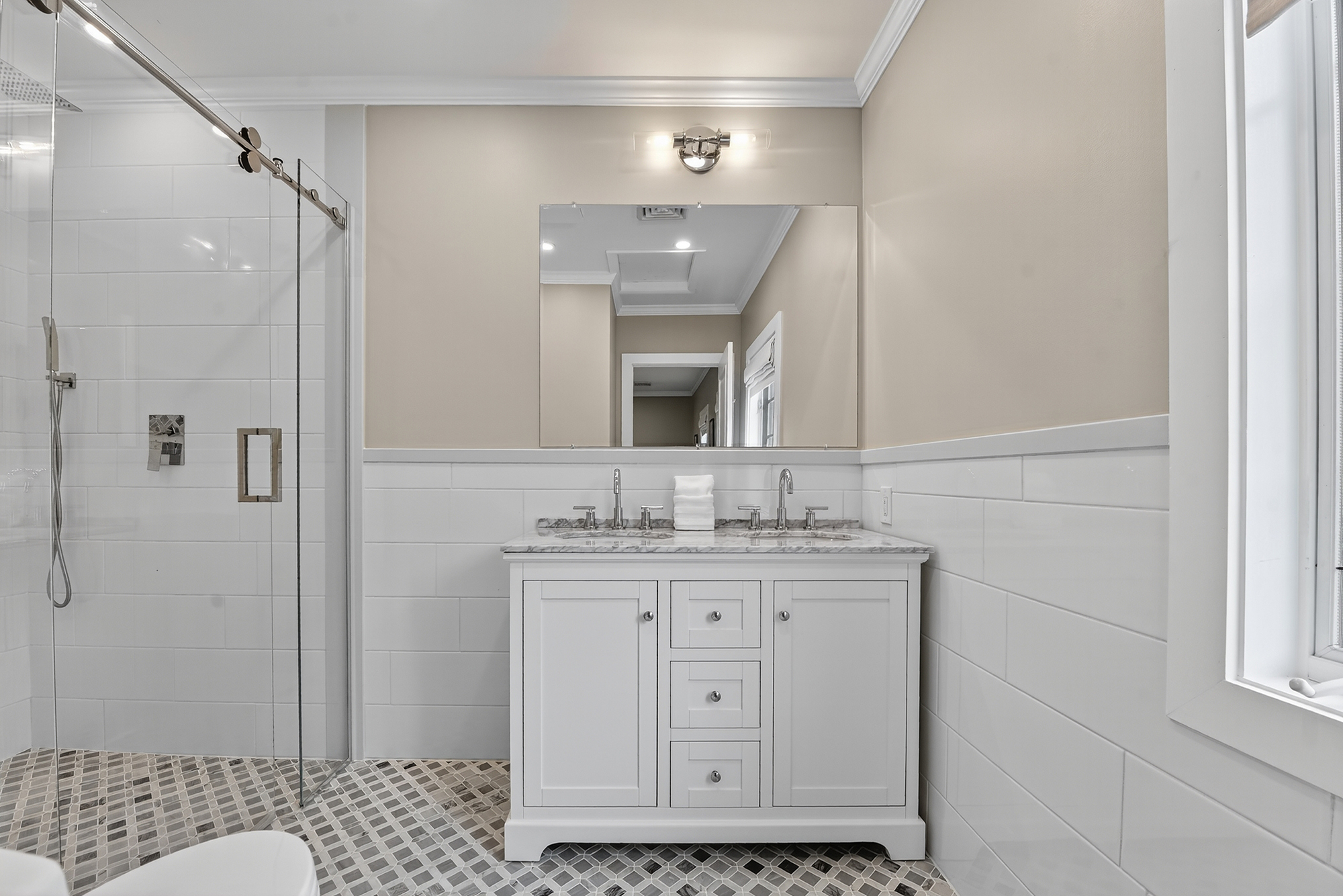 1205 Beaver Road Sewickley, PA 15143 - Photo 63 of 94 a bathroom with a granite countertop sink a mirror and shower