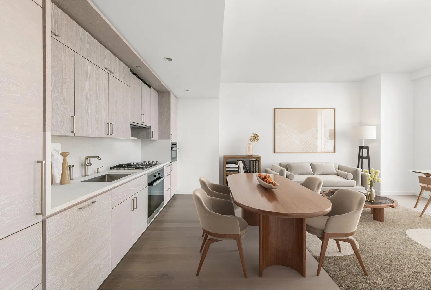 a kitchen with stainless steel appliances kitchen island granite countertop a table chairs sink and cabinets