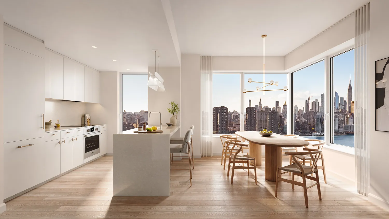 a kitchen with a table chairs refrigerator and cabinets