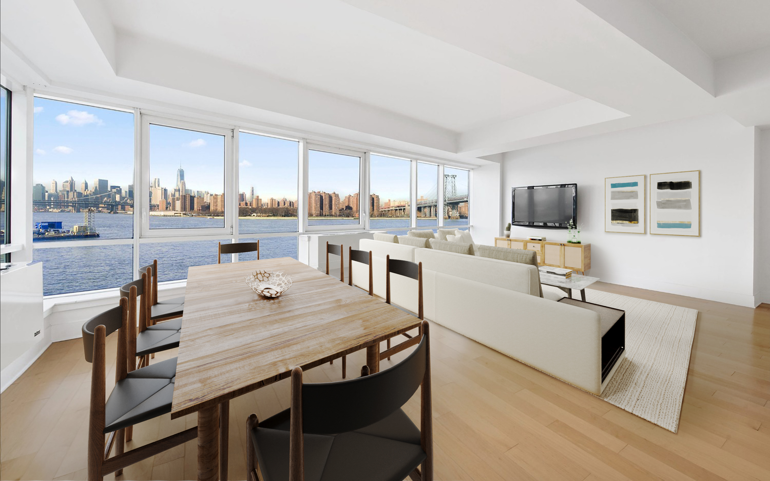 440 Kent Avenue, Unit 4A Brooklyn, NY 11249 - Photo 2 of 11 a dining room with furniture and a kitchen view