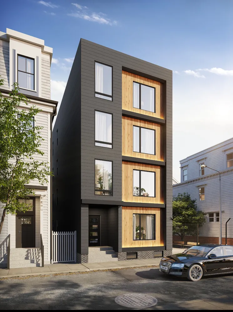 a front view of a building with street view