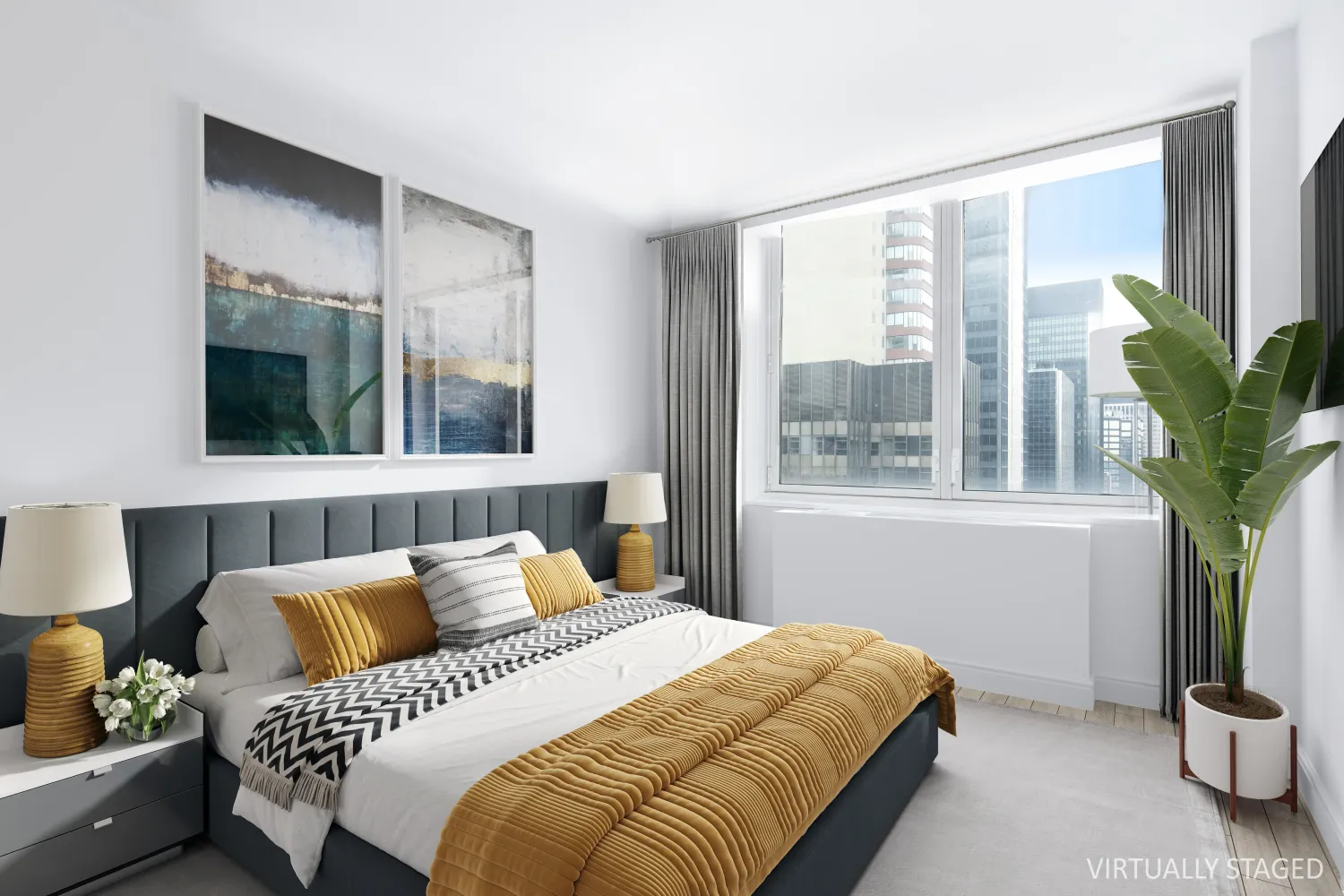 a bedroom with a bed and a potted plant