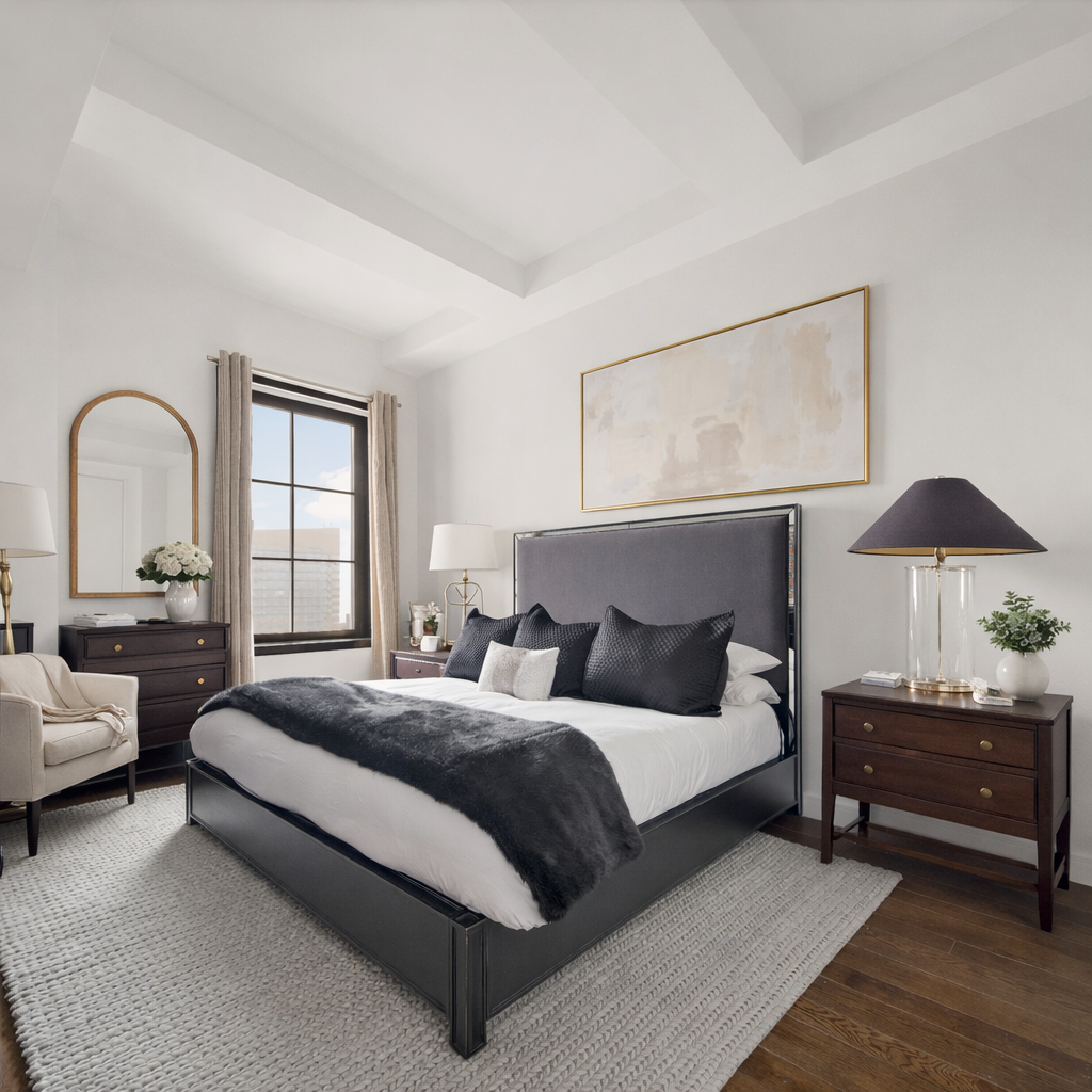 425 West 50th Street, Unit 15G Manhattan, NY 10019 - Photo 6 of 14 a bedroom with a bed and a lamp on dresser